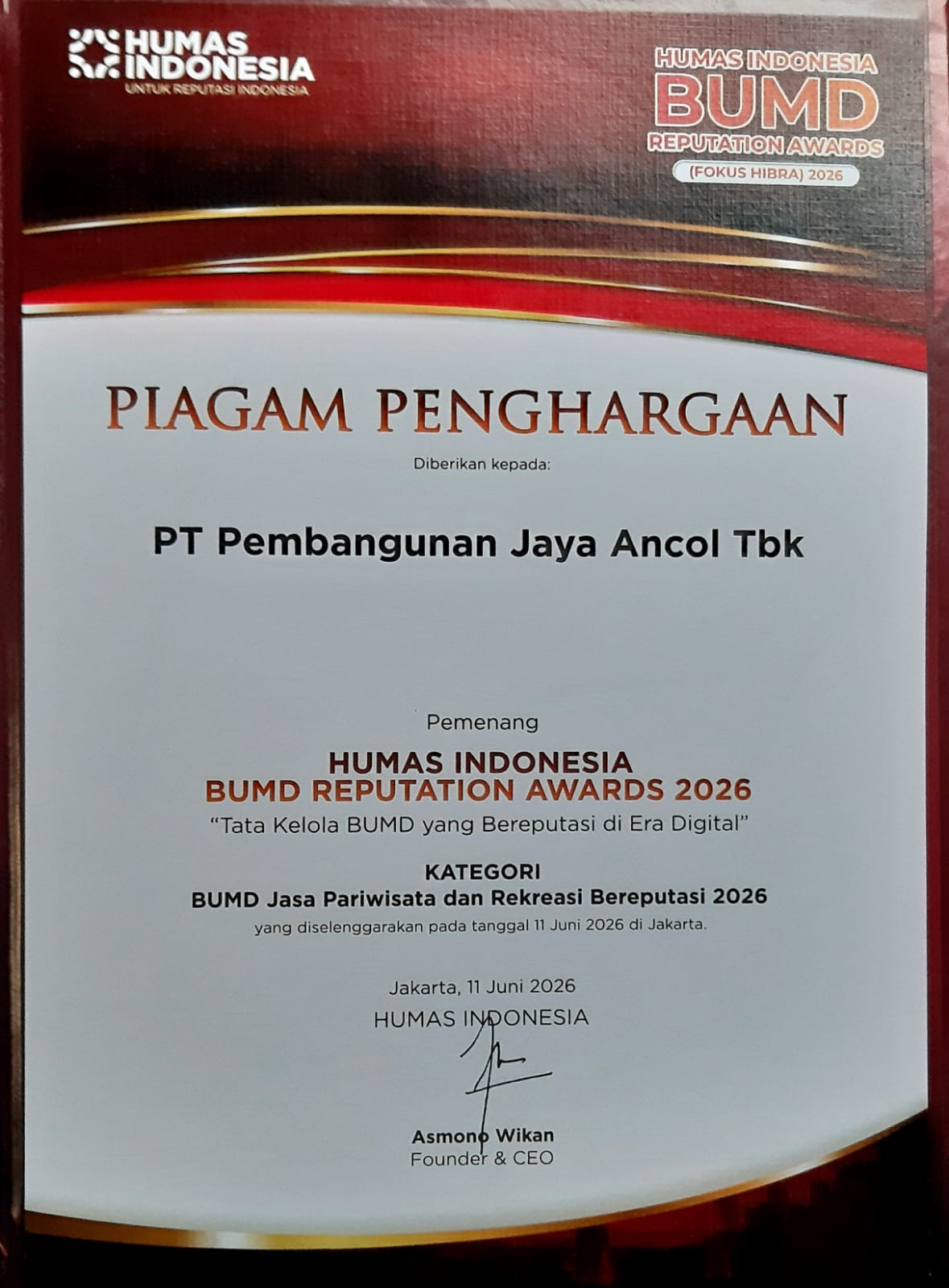 PT Pembangunan Jaya Ancol Tbk menerima penghargaan  Humas Indonesia - BUMD Reputation Awards 2026
